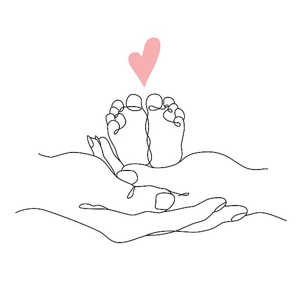 Linienzeichnung: zwei erwachsene Hände halten Babyfüße
